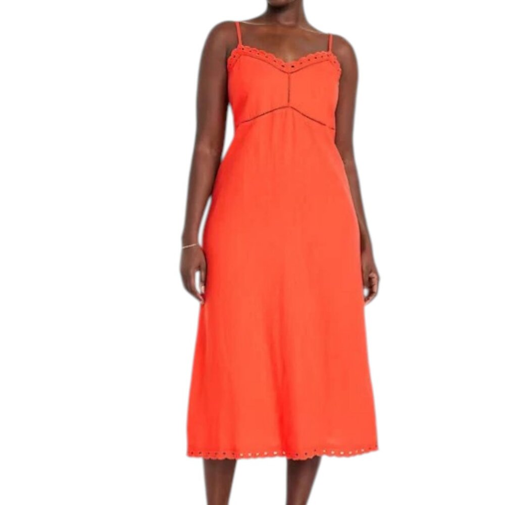 Orange Linen Blend Cami Top Midi Dress S Crochet Trim Adjustable Strap OLD NAVY